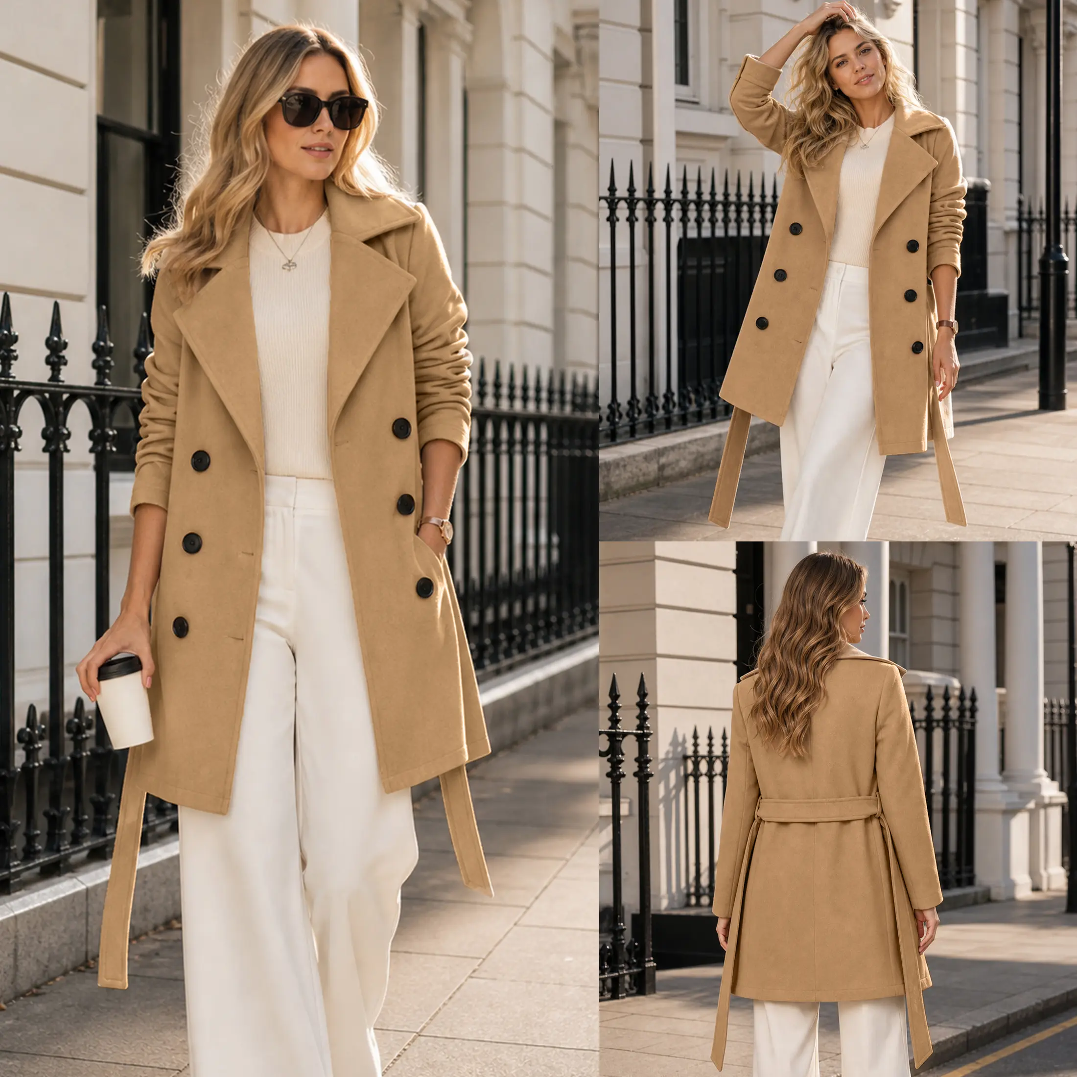 Mibbory Women's Double-Breasted Notch Lapel Wool-Blend Peacoat Jacket - A-Line, Warm, Belted, Button-Down 2026 Fall Winter Work Outerwear
