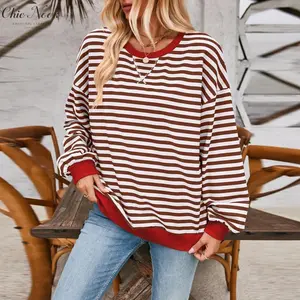 Women's Loose Sweatshirt Stripe Round Neck Long Sleeve Pullovers Fall Winter Casual Tops Shirts