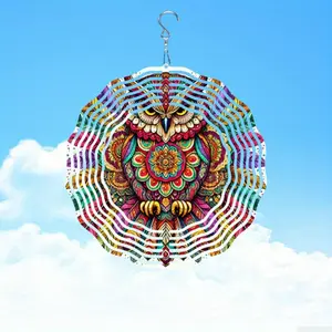 Colorful Mandala Owl Wind Chime for Outdoor Garden Decor 3D Rotating Hanging Art Weatherproof Wind Chime Holiday Gift for Patio Yard