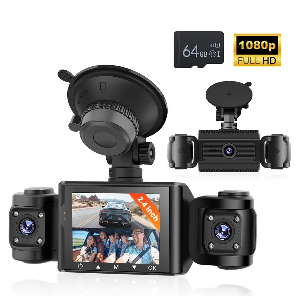 Dash Cam Car with 64GB Card - 3-Channel Dash Cam Front & Indoor - Full HD 1080P Mini Car Camera with Motion Detection, Night Vision, Parking Surveillance, Wireless, Battery, Front Camera