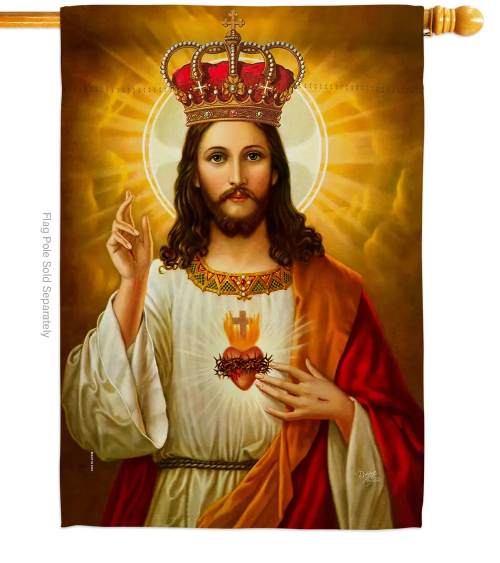 Sacred Heart Jesus with Crown Reversible Polyester Garden Flag, 28"x40" Multi-Color Prints, UV-Resistant, Weather-Resistant Religious Faith Decor for Outdoors, Home & Garden Hanging