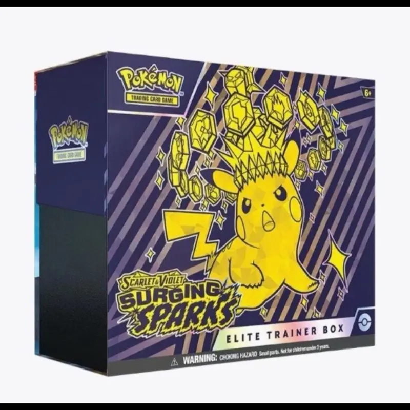 Pokémon Surging Sparks Elite Trainer Box - 9 Scarlet & Violet Booster Packs, 1 Full-Art Foil Promo, 65 Sleeves, 45 Energy Cards, Player's Guide, Dice, Coin-Flip Die, Condition Markers, Collector's Box