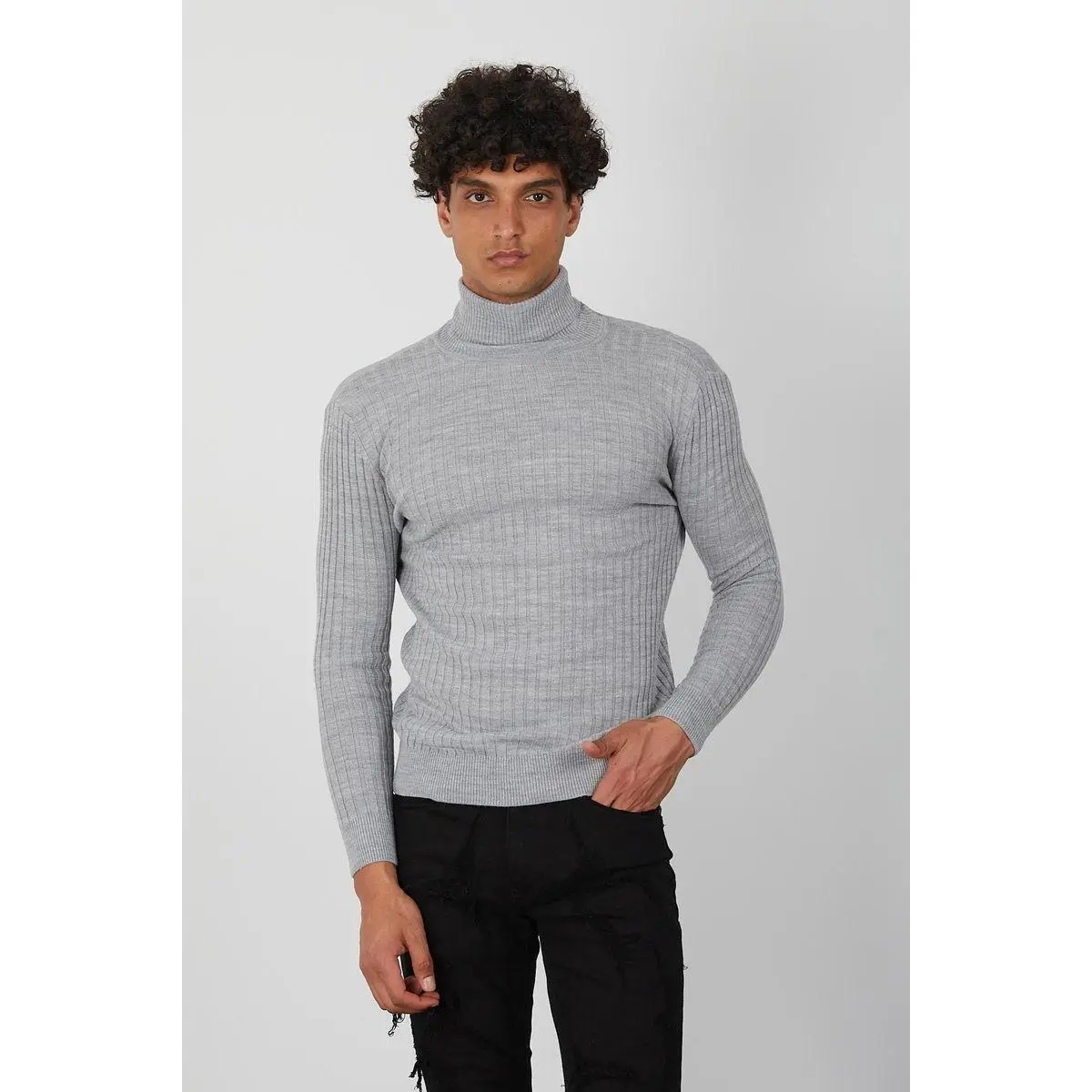 Men’s Light Grey Ribbed Knit Turtleneck Sweater – Slim Fit Casual & Dress Pullover