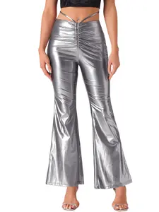 INSPIRE CHIC Disco Outfit for Women's Drawstring Metallic Wide Leg Pants Silver