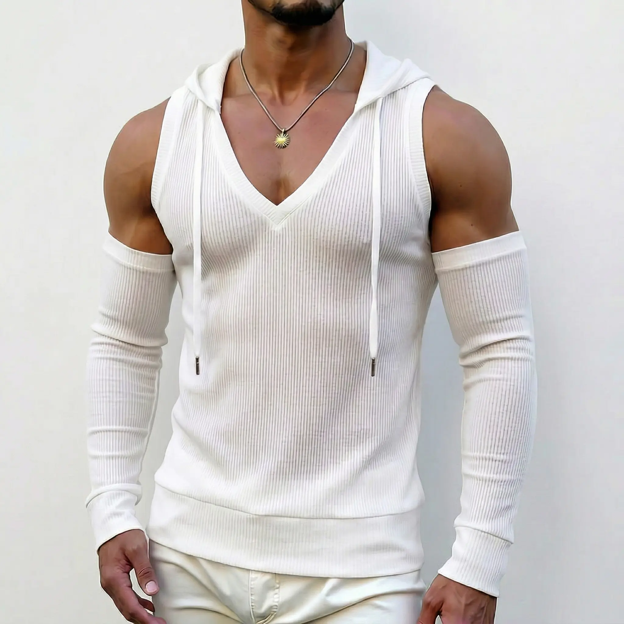 INCERUN Men's Stylish Hooded Vest, Deconstructed Streetwear Knit Top with Deep V-Neck, Sleeveless Breathable Viscose Blend for Nightclubs, Sweatshirts