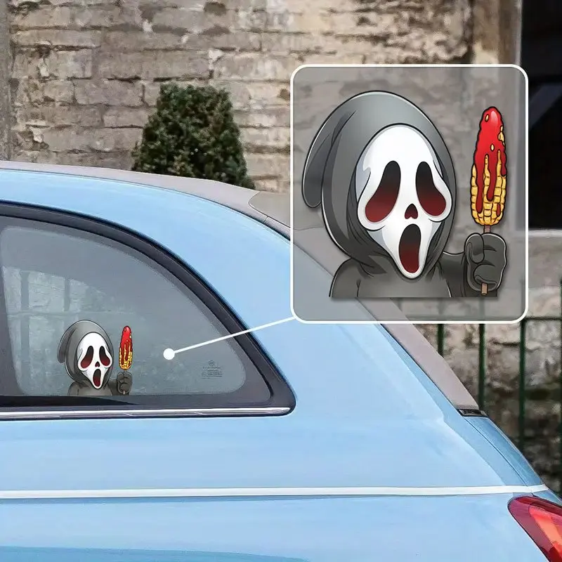 1PC  Pack of Funny Death Eats Ketchup Corn Car Stickers Waterproof Sunscreen Durable Suitable for Car Triangle Window Windshield Bumper Halloween Themed Decoration Self-adhesive Decal