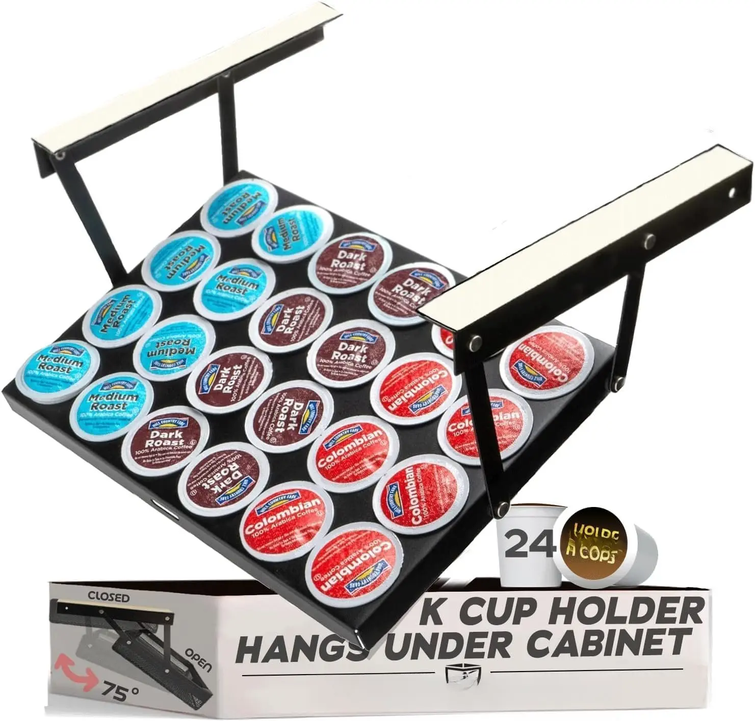 Under Cabinet K Cup Holder 24 Pods  Space-Saving Coffee Pod Holder   Pod Organizer for Small Spaces  Kcup Holder with Screws & Adhesive for Easy Installation STEEL - 13in x 10in - BLACK
