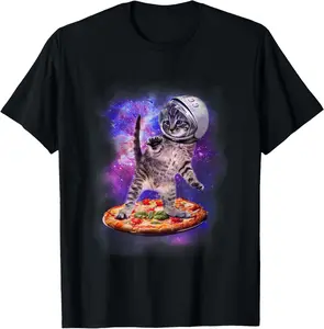 100% Cotton Funny Cat Flying A Pizza Astronaut Kitten Space T-Shirt