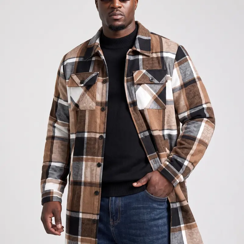 KZZ Men's Classic Plaid Long Sleeve Trench Coat - Buttoned Lapel, Lightweight Fabric, Loose Fit, Front Button Pockets, Casual Menswear Tops Clothes for Spring & Autumn