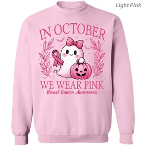 In October We Wear Pink Ghost Sweatshirt, Unisex Crewneck Pullover for Men and Women, Breast Cancer Awareness Graphic Long Sleeve Cotton Top, Apparel Made In The USA	