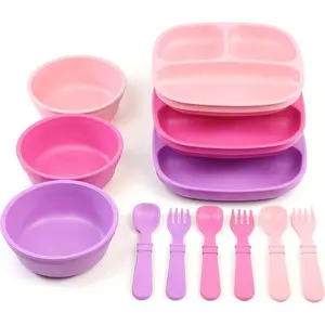 3 Divided Toddler Plates, 3 Utensils Set and 3 Wide Base Bowls - Dishwasher and Microwave Safe - Made in - Princess