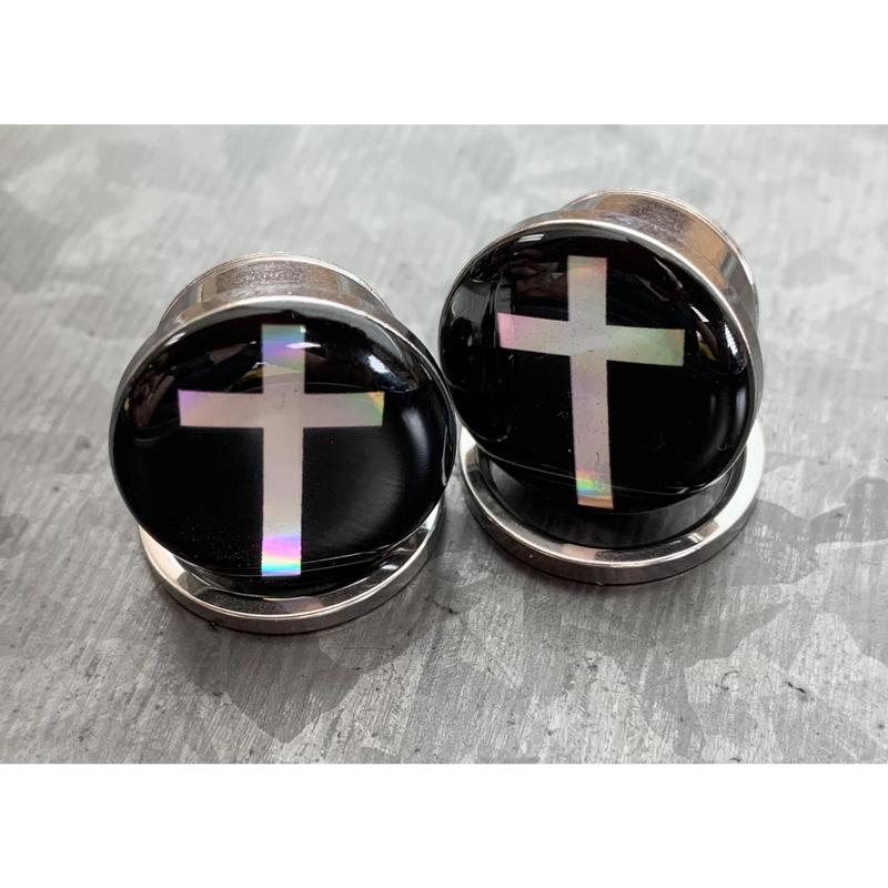 PAIR of Stunning Hologram Cross Screw Fit Surgical Steel Tunnels/Plugs - Only 0g(8mm) Left In Stock!