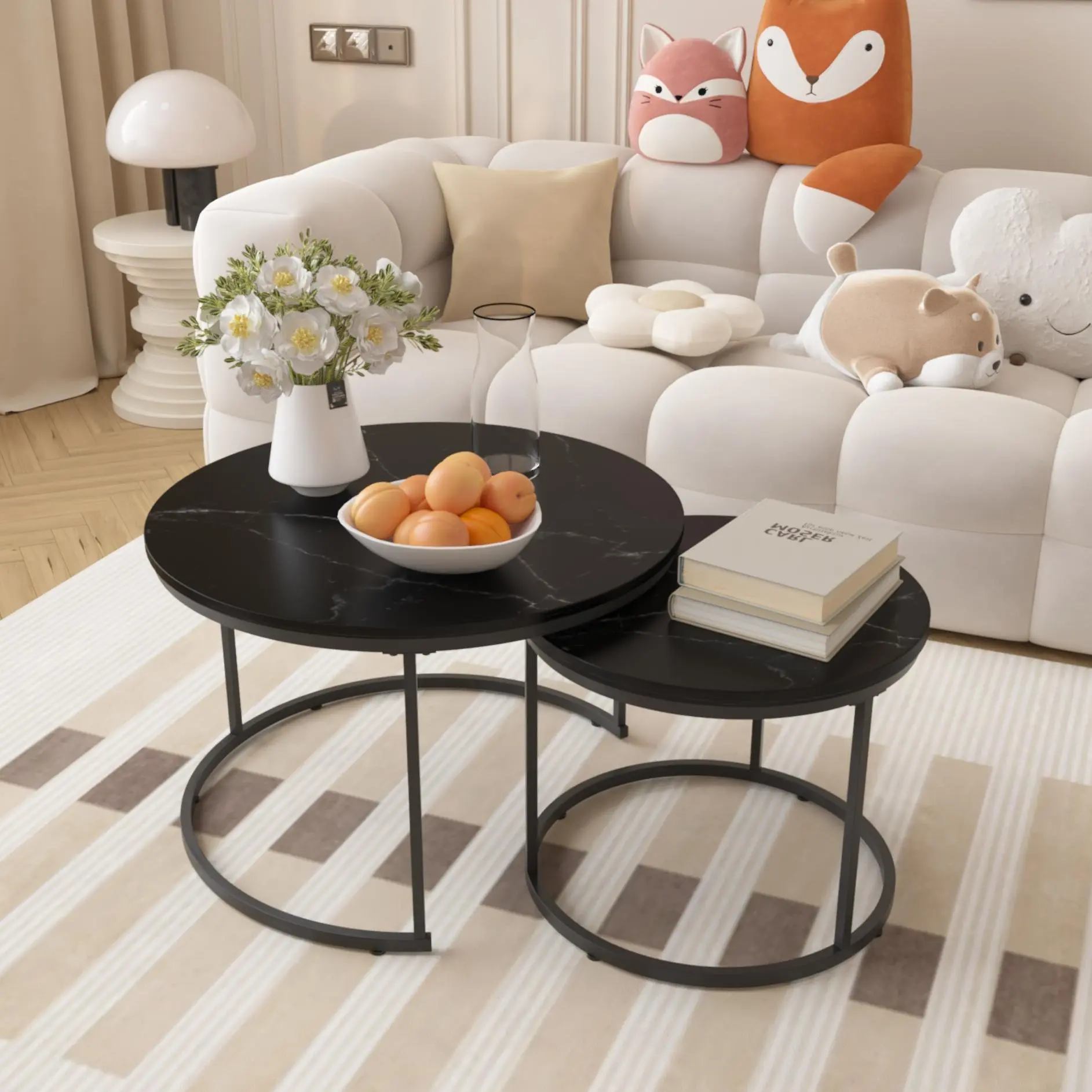 Small Round Nesting Coffee Table Set of 2 for Living Room, 27.56 inch Wood Grain Faux Marble Modern Stacking Circle Coffee Table Side Table End Table with Metal Frame for Bedroom