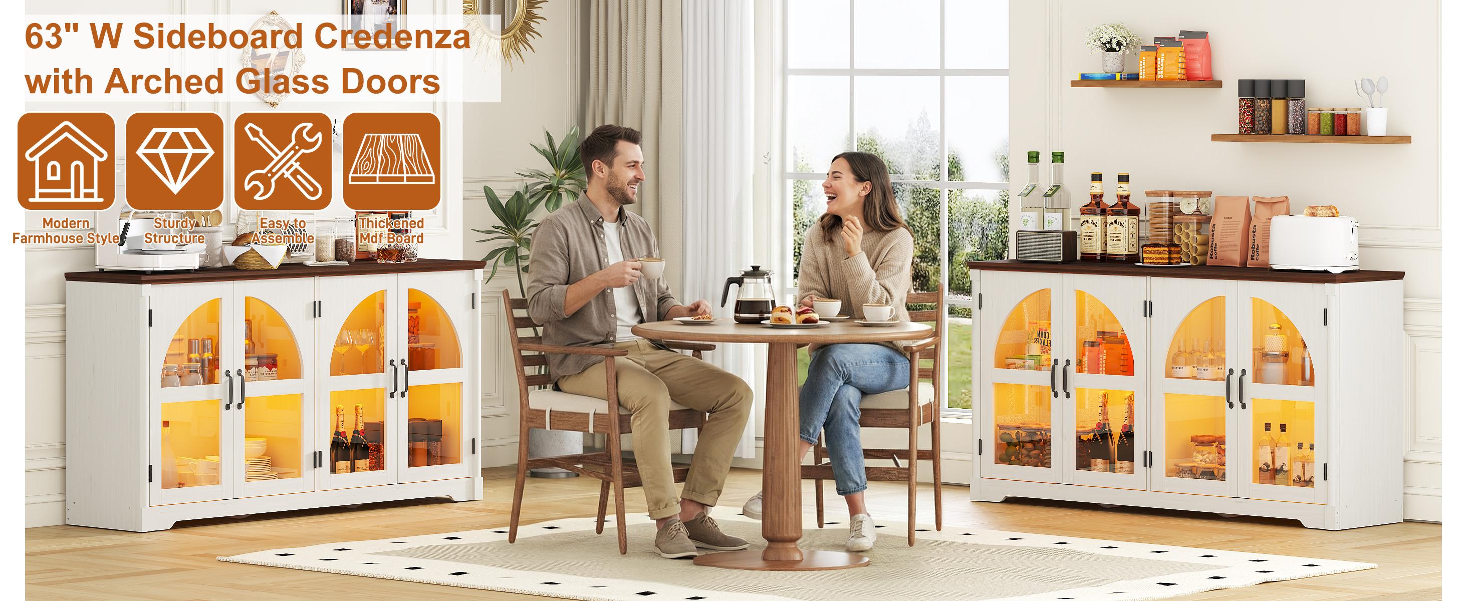 63" Modern Arched Sideboard Buffet Cabinet with LED Lights & Glass Doors, Large Storage Cabinet with Adjustable Shelves for Living Room & Kitchen