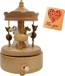 Wooden Carousel Music Box with Moving & Elevating Horses, Rotating Wind-Up Decor, Collectible Mechanical Musical Box, Timeless