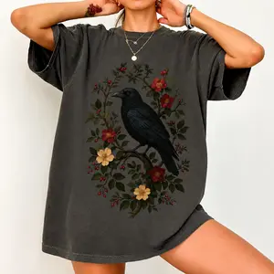Comfort Colors Raven Floral Graphic T-Shirt Vintage Gothic Botanical Crow Nature Lover Tee Dark Cottagecore Vibe - Kato Fshion
