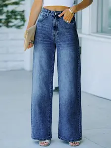 Women's Mid-Waist Straight Jeans-Slim Inelastic Fabric, Classic Casual And Versatile Denim Trousers.
