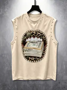 Men's Summer Casual Sleeveless T-Shirt, Trendy Rhinestone Rivet Vest, Leopard Print Lip Design, American Streetwear Daily Wear