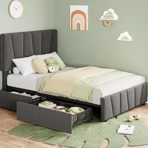 Twin Bed Frame with Headboard Adjustable, Modern Linen Upholstered Twin Size Platform Bed Frame with 2 Storage Drawers, Wooden Slat Support, No Box Spring Needed, Grey new  bed modern  shelf