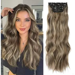 TwiceBeauty 4Pcs Clip in Hair Extensions 20 Inch Long Wavy Synthetic Hair Extension Clip in for Women and Girls Party Daily Use Light Brown Mixed Ash Blonde