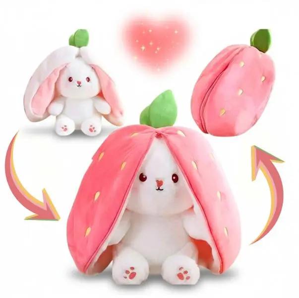 Reversible Strawberry Bunny Plush Toy, Soft Kawaii Transforming Hide-and-Seek Cuddly Stuffed Animal, Plushies for Birthday Gifts
