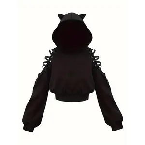 Gothic Cat Ear Hoodie for Women, Halloween Cosplay Crop Sweatshirt Collar Fabric Tops Casual