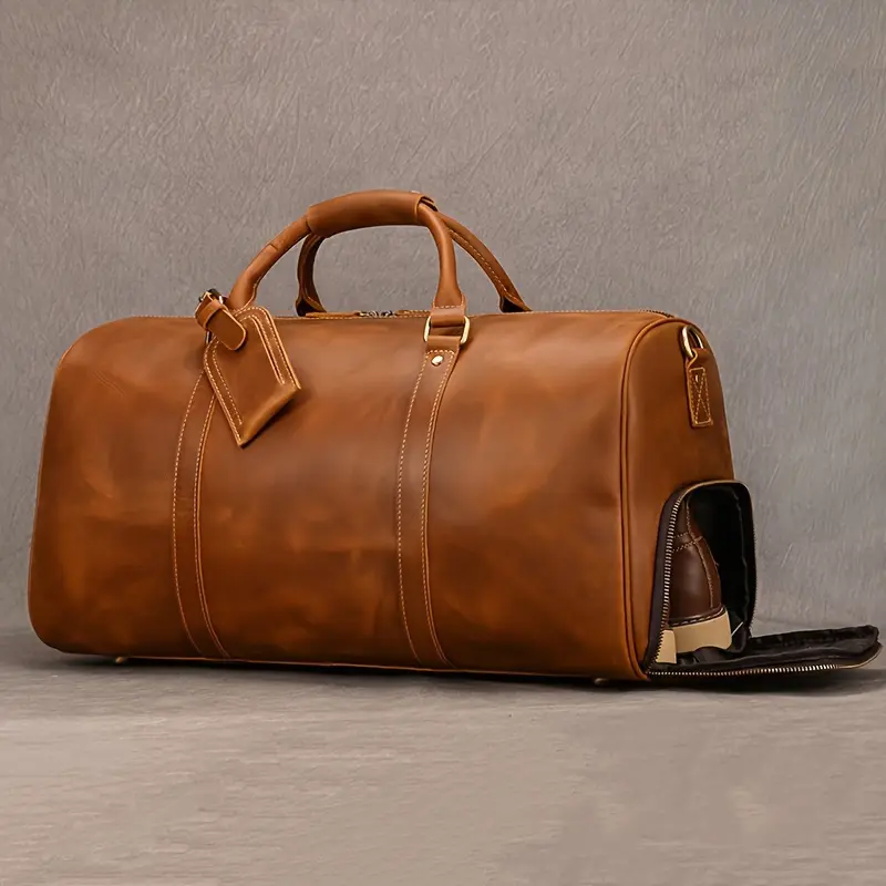Crazy Horse Leather Real Leather Travel Bag Christmas Vacation Luggage Handbag Tote Bag Cowhide Real Leather with Shoe Compartment Travel Bag