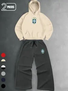 Men's Brazil Team Logo Hoodie & Jogger Set, Graphic Tracksuit, Comfortable Fleece Lined Two-Piece, Perfect for Sports Fans, Fall & Winter Home Wear
