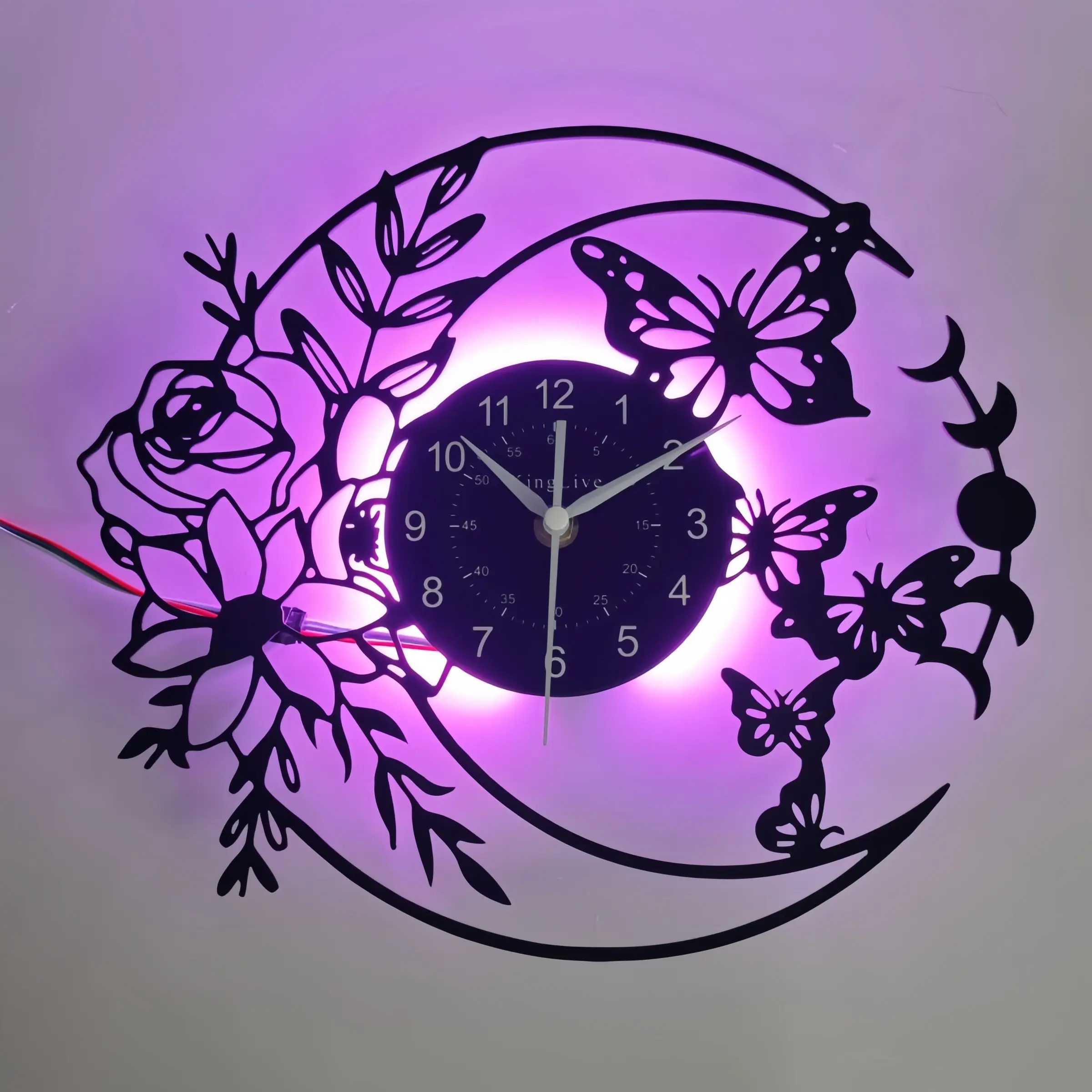 Moon Butterfly Theme Vinyl Led Lighted Wall Clock Glow in the Dark, Unique Decorative Design Clocks for Living Room, Kitchen, Bedroom, Home Decor, Perfect Gift