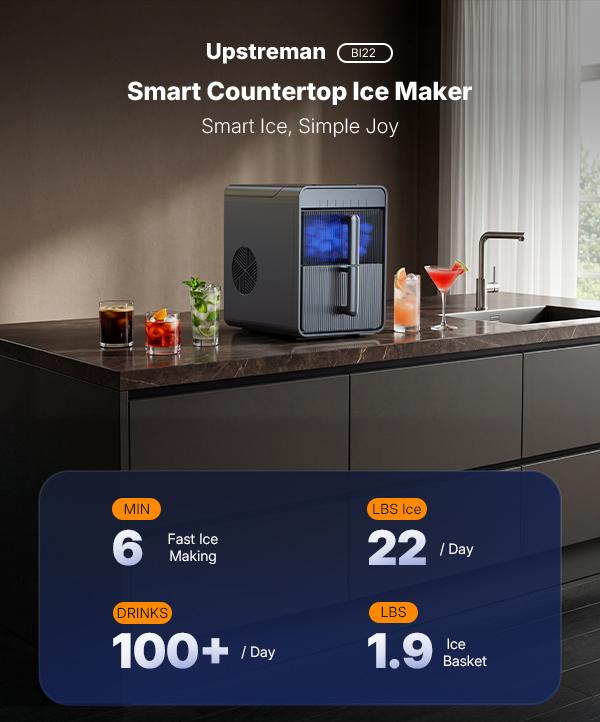 Upstreman Ice Maker Machine, Ice Cube Machines with 6-Minute Quick Ice Production, Insulated Water Tank and Ice Container, Ice in Two Sizes, Digital Control, LED Light and Self-Cleaning Mode, Portable Ice Maker for Kitchen/Home/Office/Party/RV