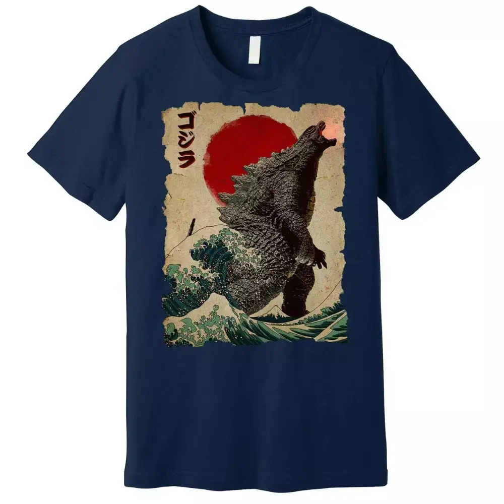 Vintage Japanese Godzilla Great Wave Poster T-Shirt For Men, Graphic tees, Streetwear, Short sleeve, cotton, Top, Menswear