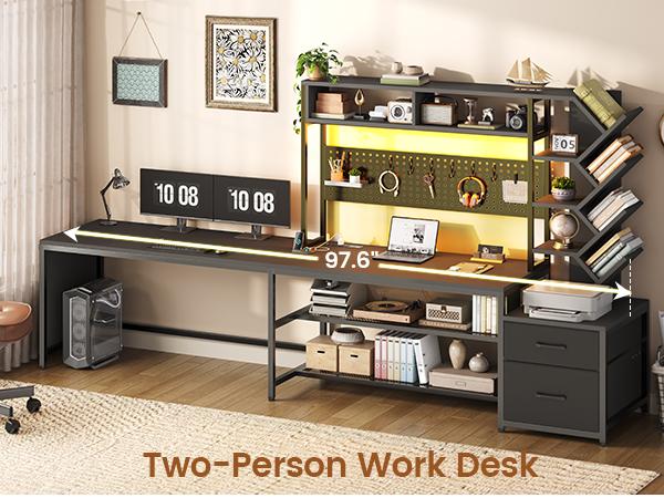 SEDETA L Shaped Gaming Desk with Hutch, Convertible 97.6" Two Person Office Desk with Drawers and Bookshelf, Corner Computer Desk with Power Outlet, LED Lights, Pegboard