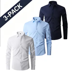 3-Pack Men’s Solid Color Long Sleeve Shirts, Slim Fit, Business Casual, Versatile Dress Shirt Tops