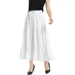 Womens A Line Long Midi Denim Skirt Tired Pleated Layers Elastic Waist Front Drawstring