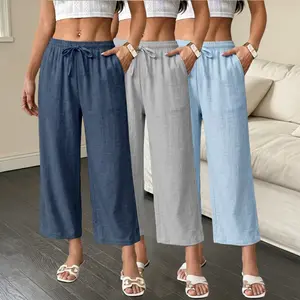 Women’s 3-pack lightweight capri pants—comfortable for home wear with a drapey feel, elastic waistband with drawstring and side pockets; versatile casual style suitable for beach and vacation outfits—an essential for summer.