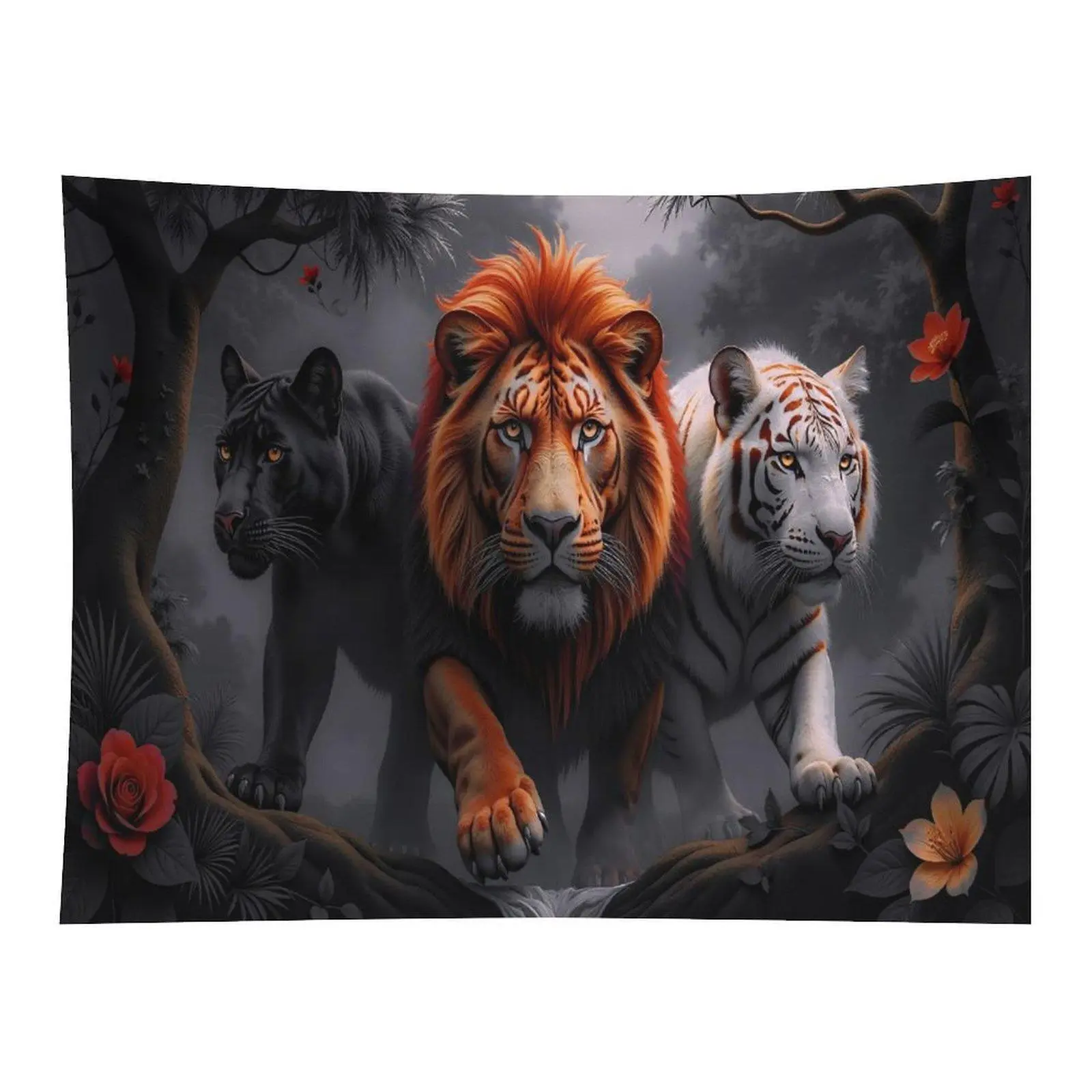Lion Black Panther White Tiger Jungle Red Flower Dark Mist Forest Wall Tapestry Wall Hanging, Wild Big Cat Gothic Wildlife Moody Dark Art Decor for Masculine Man Cave Backdrop