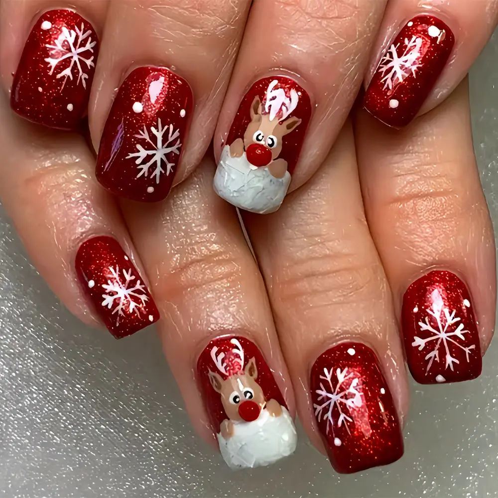 Christmas 24pcs Square French Press-On Nails, Reindeer & Snowflake Design, Full Coverage Acrylic False Nails, Decorative Nails for Women and Girls