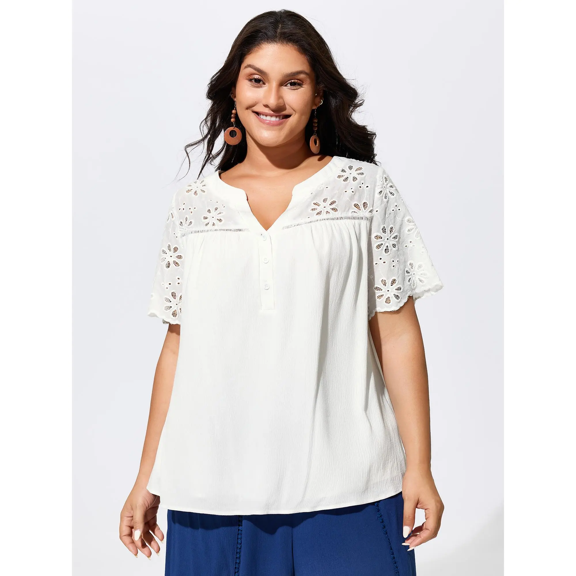 BloomChic Women's Plus Size Boho Blouse - Casual Short Sleeve, Regular Length Shirts with Smooth Cotton-Rayon Fabric, Eyelet Lace Trim, Notched Collar, Machine Washable Summer Tops, Women's Clothes, 14–16 / 1X, Do Not Tumble Dry, Loose-Fitting, Plain