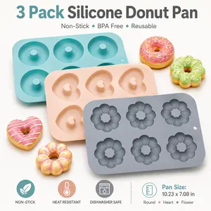 3 Pack Silicone Donut Pan for Baking, Non-Stick Doughnut Pan, 6 Cavity Heritage Bundtlette Cake Silicone Mold for Baking (Blue+Gray+Pink)
