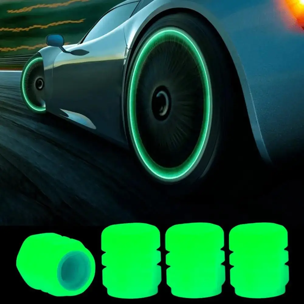 4pcs Luminous Car Tire Valve Cover, Glow in the Dark Tire Valve Cap, Fluorescent Tire Valve Stem Cover for Car Motorcycle Bicycle Wheel Tire