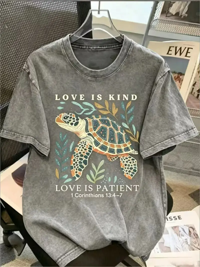 Women's Soft Cotton Short-Sleeve Oversized Vintage Washed Breathable Round Neck Drop Shoulder Tshirt - Positive Quote Ocean Animal Print, Outdoor Everyday Casual Beach Top, Dry Clean Compatible - Shortsleeve Pants Pair Option, Turtle, Breathable Tee