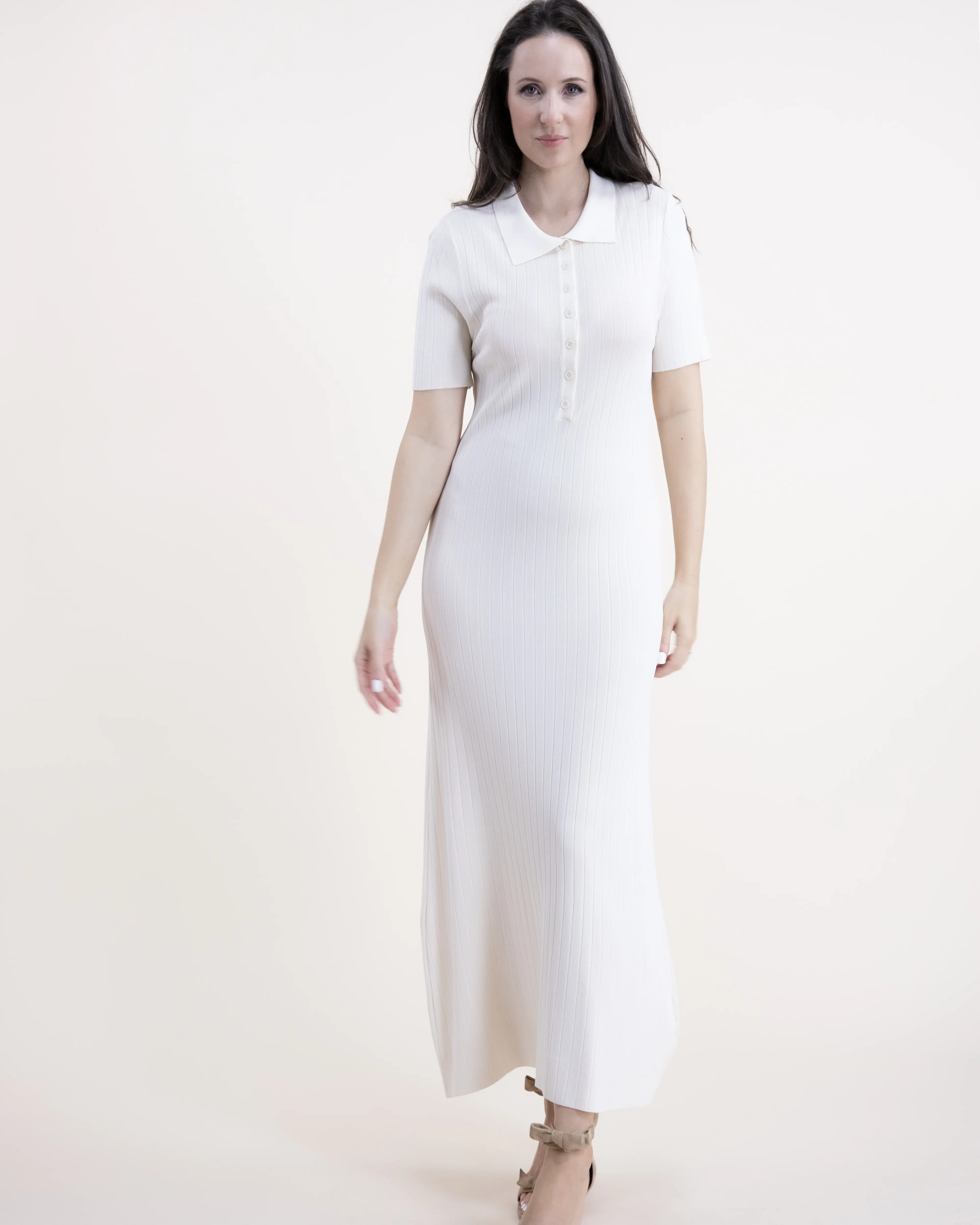 Women's Neutral Collared Short-Sleeve Button-Front Stretchy Ribbed Knit Minimalist Basic Casual Wear Dress