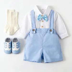 Kabeier Boutique Baby Boys' Birthday Outfit Set with Blue Suspenders White Long Sleeve Plicated Shirt Bow Tie Matching Socks & Shoes Spring Summer Autumn Suit