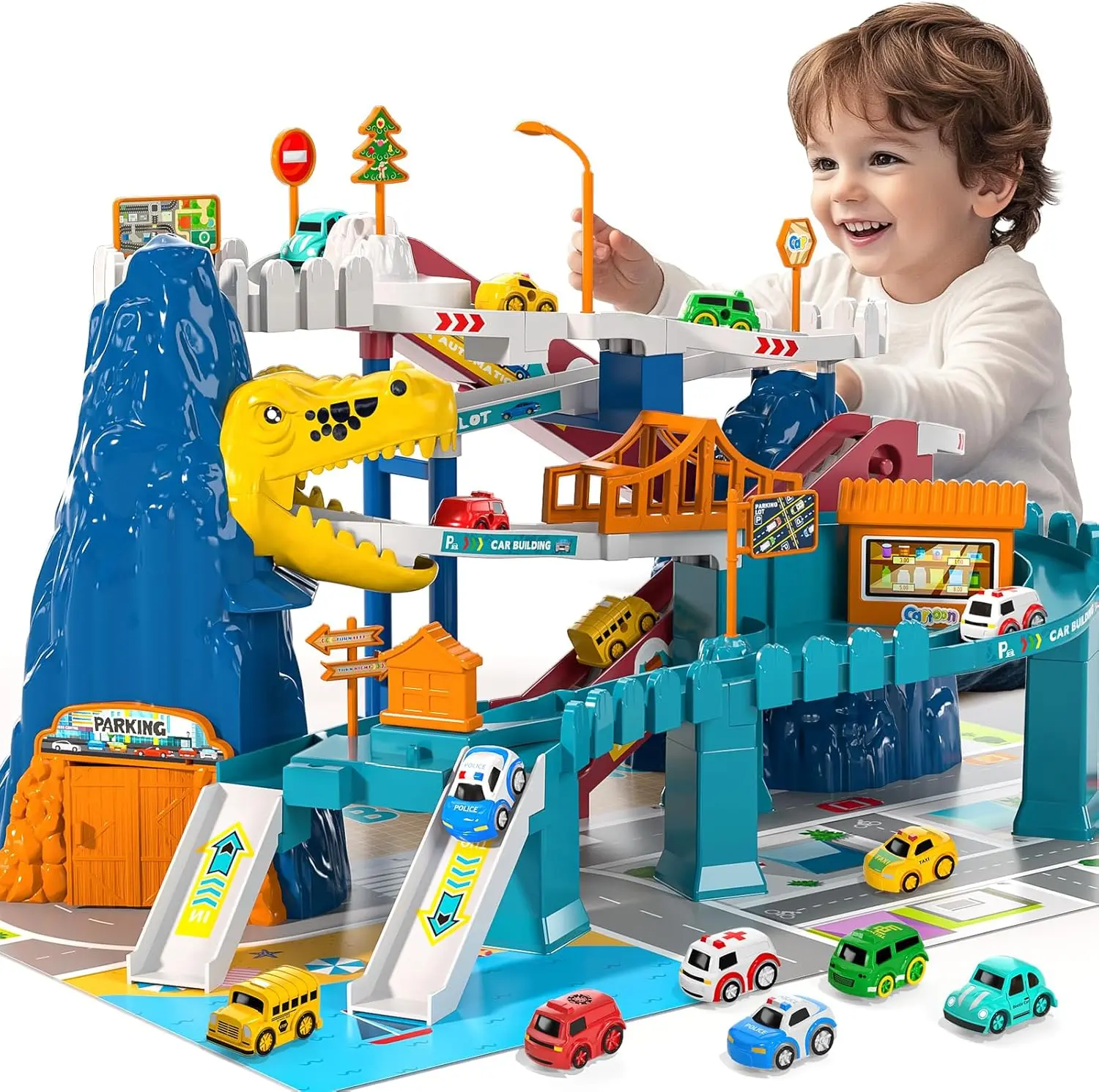 Dinosaur Race Car Tracks for Toddlers 3-4 Years, Dinosaur Climbing Hills Railcar, Toy Car Track Play Set with 7 Small Race Cars, Preschool Birthday Gifts for 3 4 5 6 7 8 Year Old Boys Girls