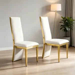 Modern White and Gold Dining Chairs Set of 2, White Velvet Dining Room Chair with Gold Polished Stainless Steel Legs, Luxury High Back Kitchen Chairs,Garden Upholstered Chairs for Dining Table/Office Apartment,Sturdy and Easy Assemble