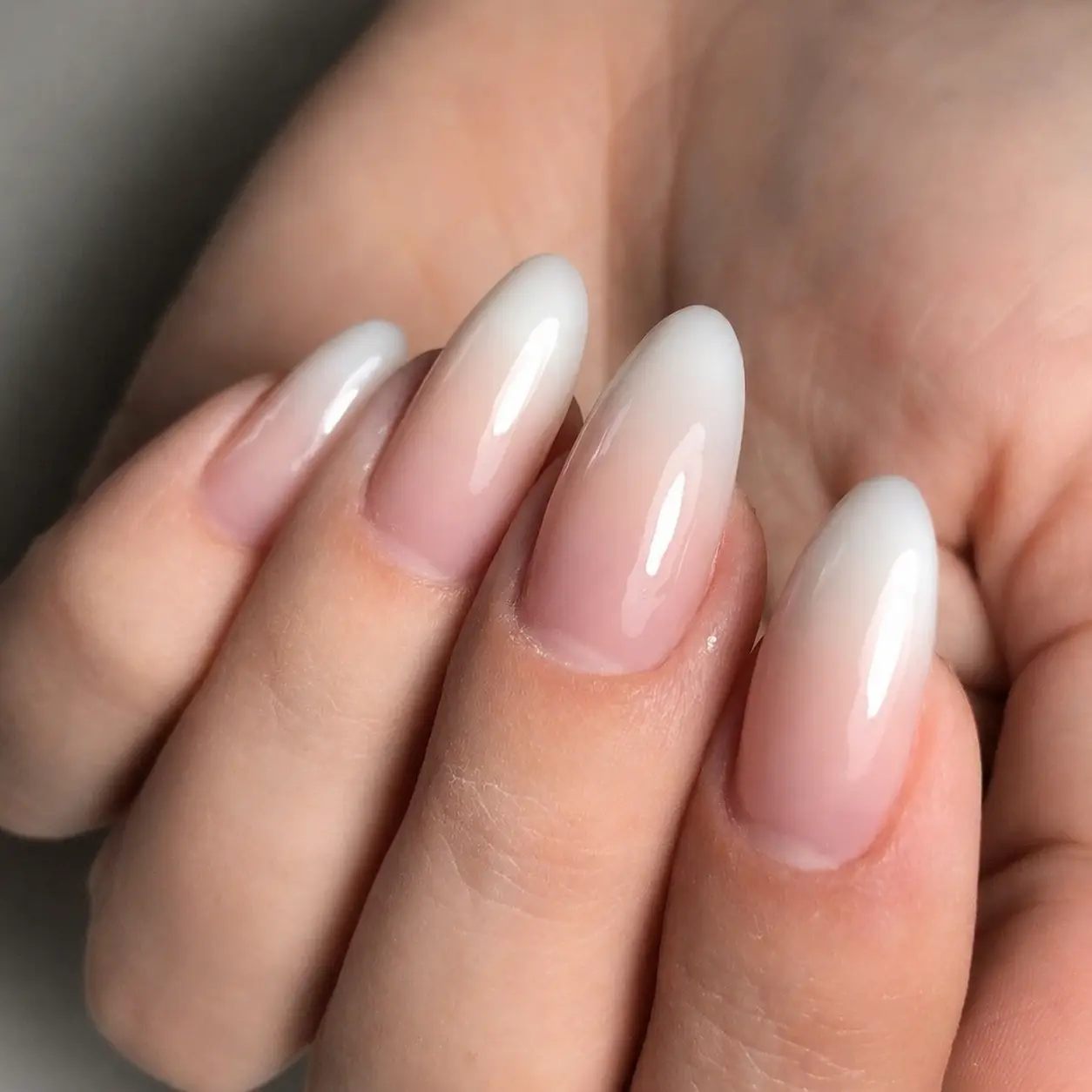 Baby Boomer White Ombre Press On Nails Medium Almond 24 pcs, Glossy Pink Nude French Fade Fake Nails with Nail Glue, Adhesive Tabs & Nail File, Elegant Clean Girl Reusable False Nails Manicure Kit
