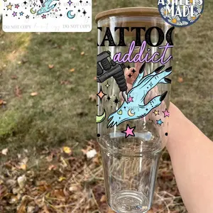 Tattoo Addict 40oz Clear Glass Tumbler with Handle