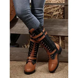 Stylish Patchwork Mid-Calf Boots, Casual Outdoor Boot, Leather & Fabric, Buckle Fastening, Casual Fashion Footwear for Men