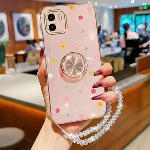 Redmi A2 Fashion Series Crystal Jewelry Strap Lanyard Smartphone Case For Compatible With Xiaomi Redmi A2 Plating Cover and Protective Impact Resistant Beautiful and Lovely Flowers Protector Cases