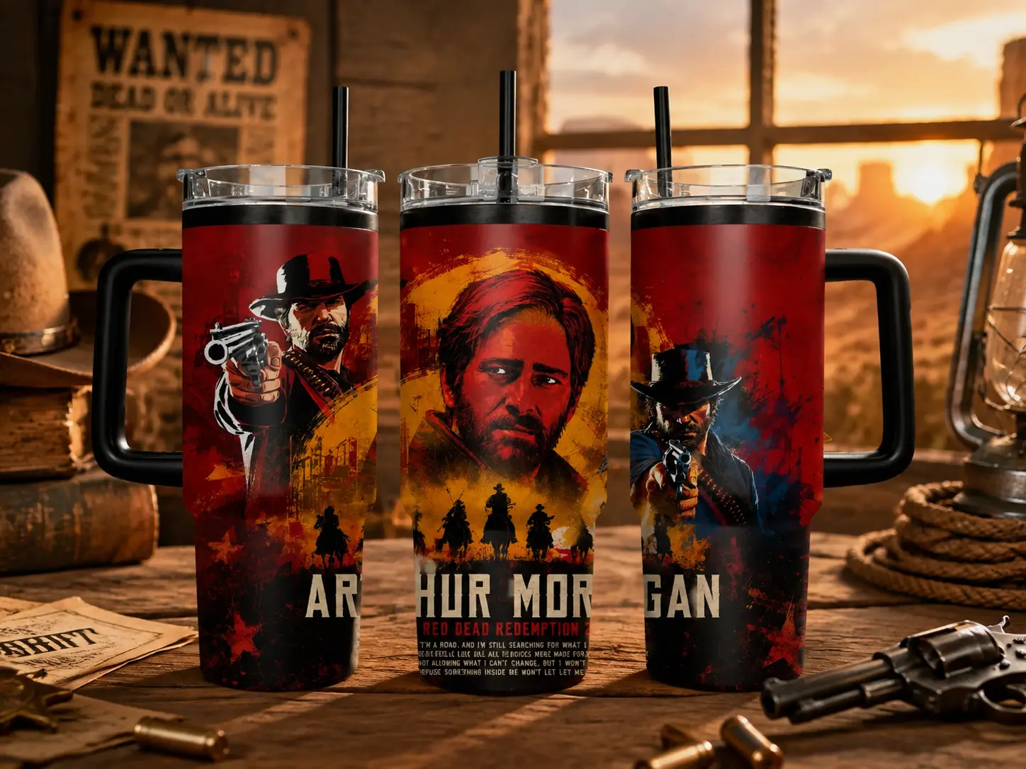 Red Dead Redemption 2 Arthur Morgan Outlaw Character Tumbler - Epic Red and Black Wild West Art 40oz Insulated Stainless Steel Travel Mug with Handle and Straw - Perfect Gift for RDR2 Fans